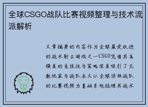 全球CSGO战队比赛视频整理与技术流派解析